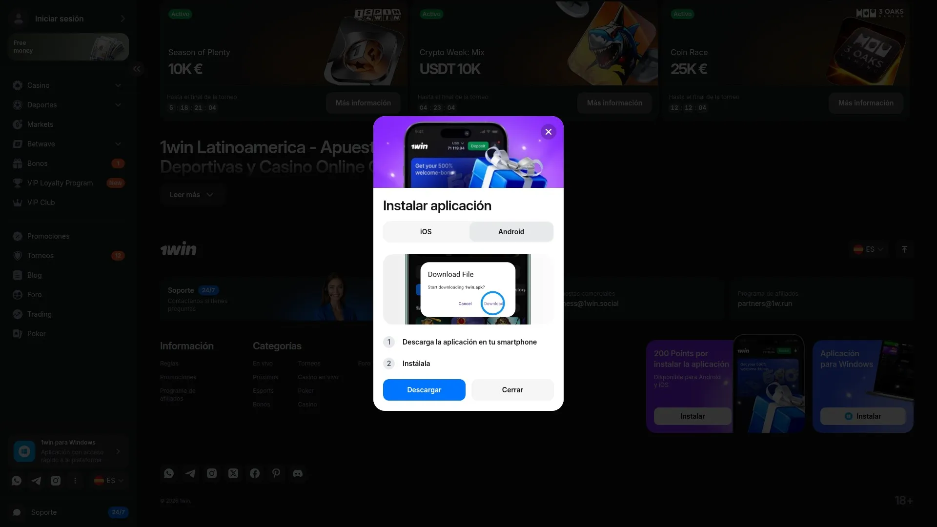 Descarga la 1win App para jugar desde el móvil
